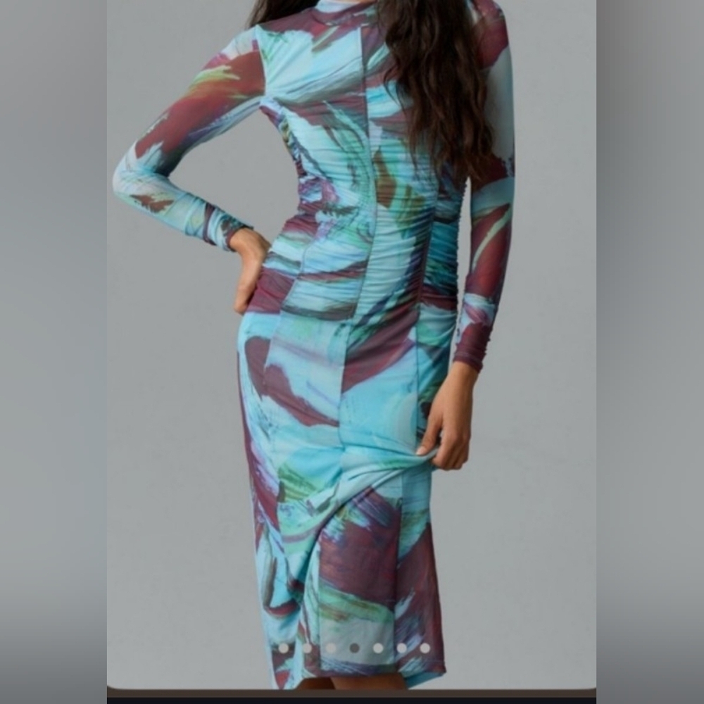 Anthropologie Printed Elegant Multicolor Long Sleeve Bodycon Dress XS PTP 19